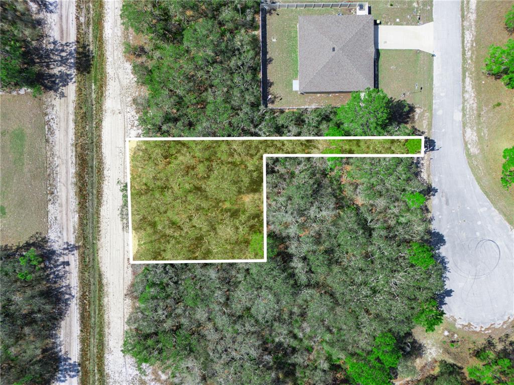 An aerial view shows a wooded, L-shaped plot of land outlined in white — 1246 WAHNETA DRIVE, KISSIMMEE, FL