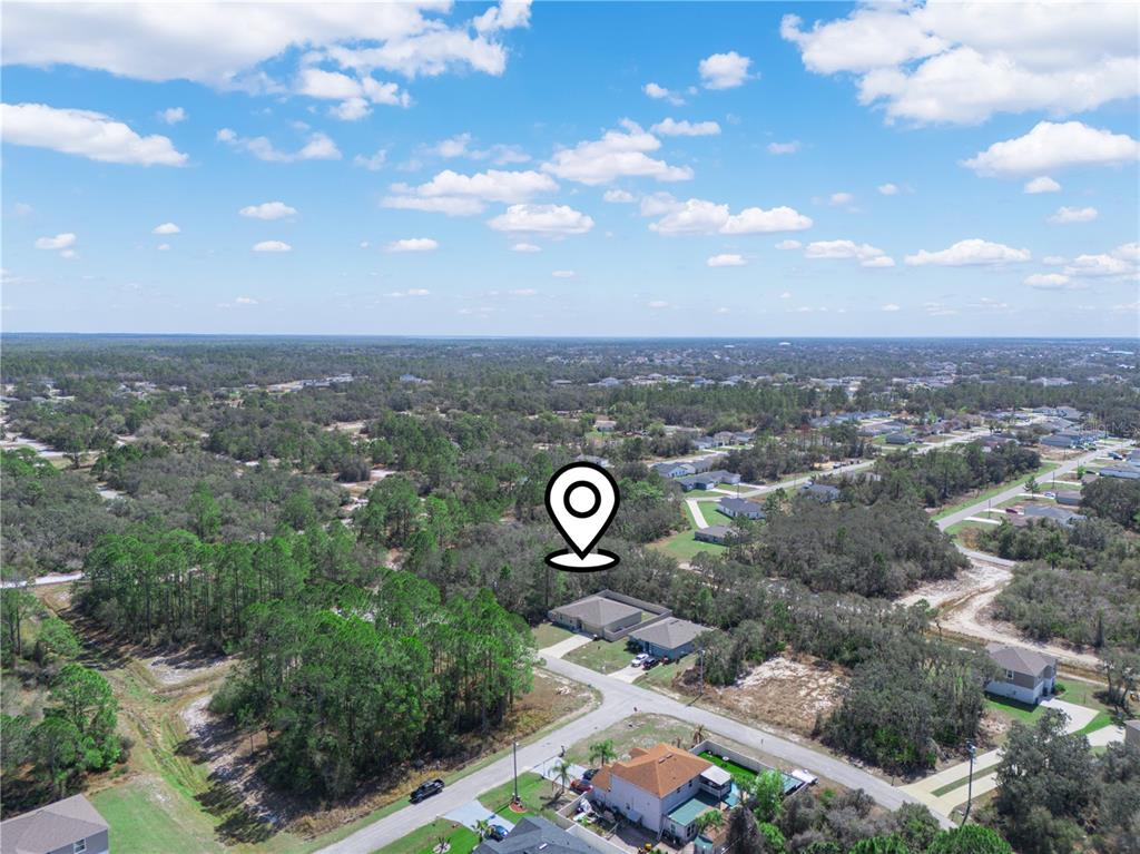 An aerial view shows a suburban neighborhood with houses surrounded by wooded areas — 1246 WAHNETA DRIVE, KISSIMMEE, FL