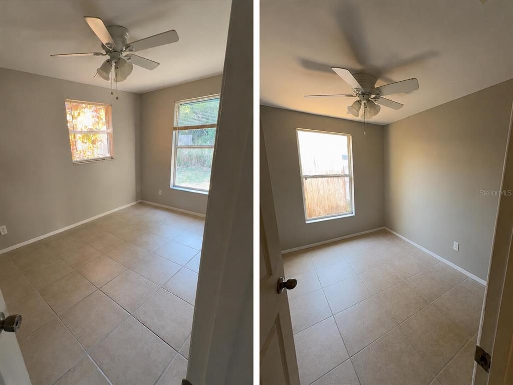 Two views of a bedroom featuring beige tile flooring, light gray walls, and ceiling fans — 2121 33RD STREET, SARASOTA, FL