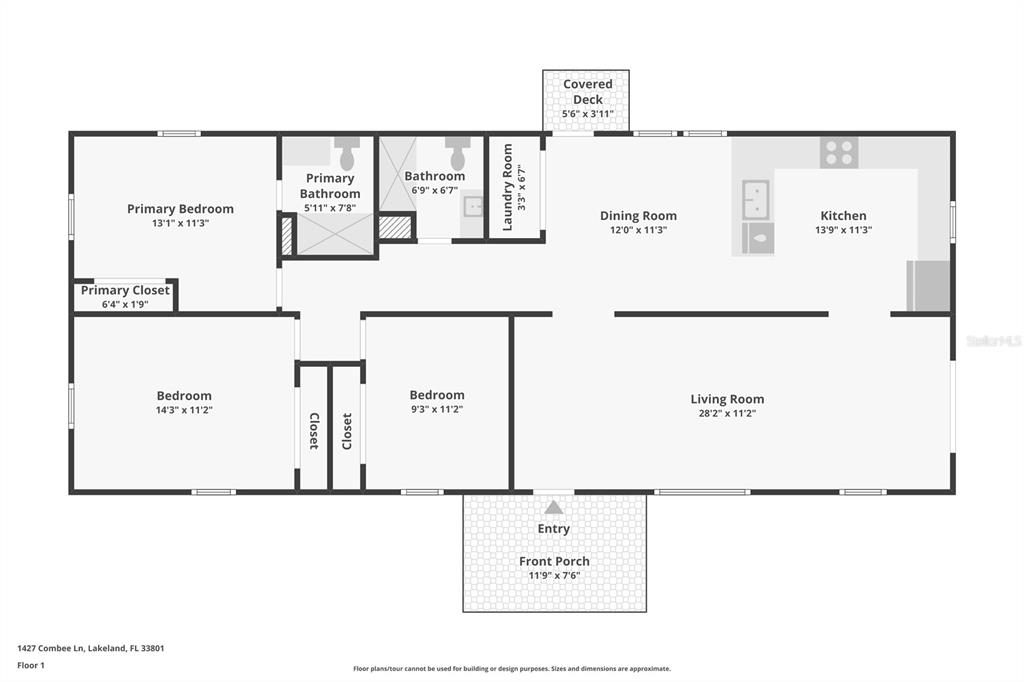 This is a floor plan for a single-story house with three bedrooms and two bathrooms — 1427 COMBEE LANE, LAKELAND, FL