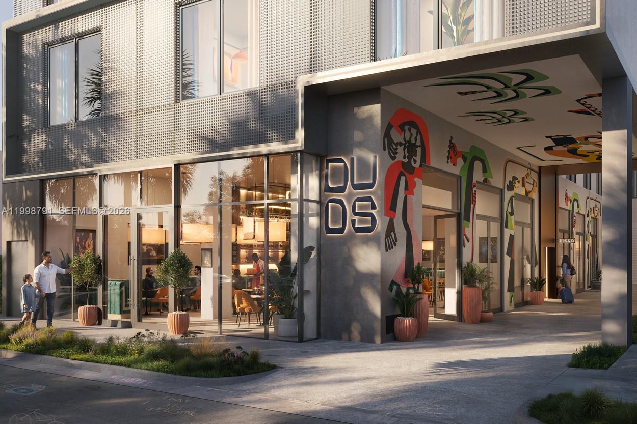This architectural rendering shows the exterior entrance of a modern building with street-level retail space — 335 NW 28th St # 604, Miami FL 33127, MIAMI, FL