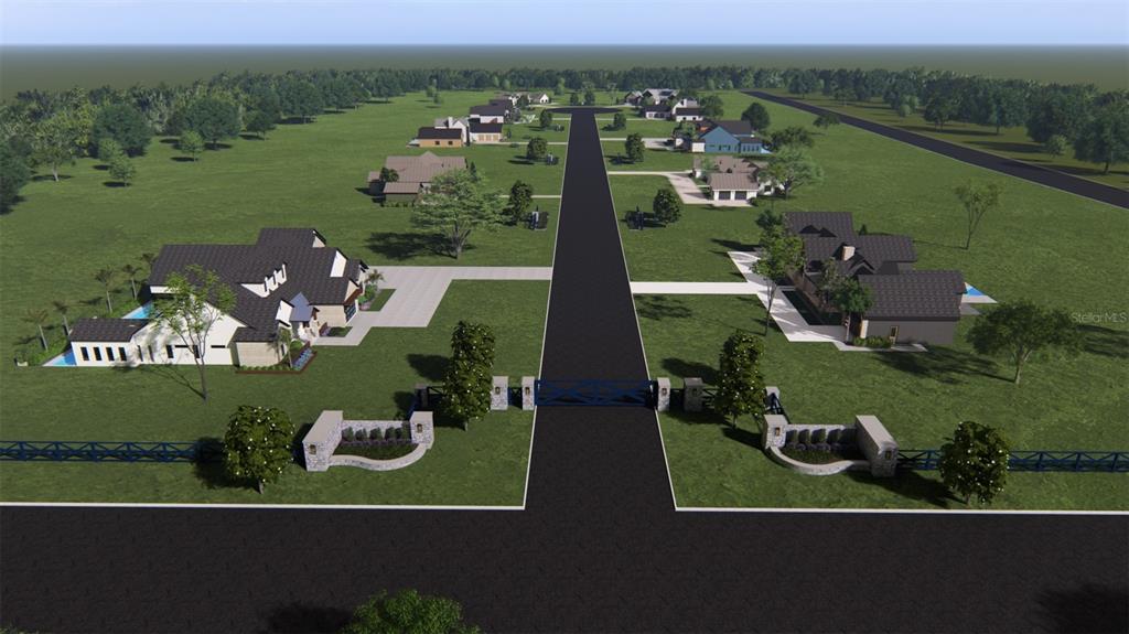 This is a digital rendering of a gated residential street with several single-family homes — 4366 ROYAL SKY (LOT 2) COURT, BROOKSVILLE, FL