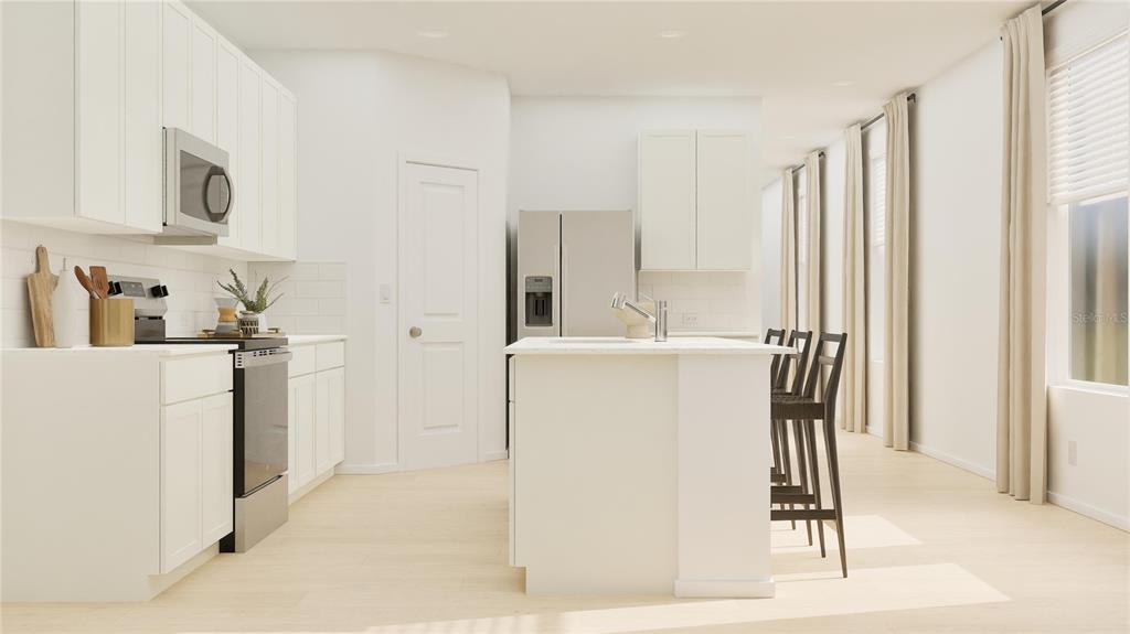 This is a rendering of a modern kitchen with white cabinets and a center island — 6048 BALANCE WAY, CLERMONT, FL