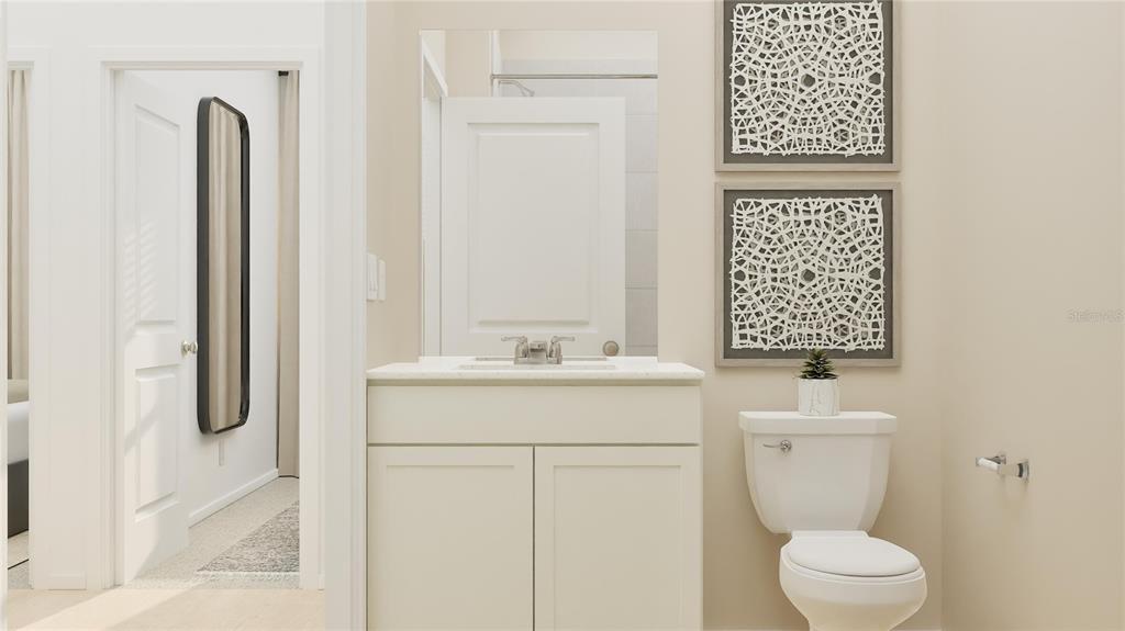 This is a rendering of a bathroom with a vanity, toilet, and wall art — 6048 BALANCE WAY, CLERMONT, FL