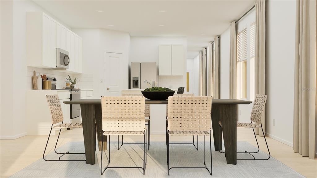 This is a rendering of a dining area featuring a dark table and woven chairs — 6048 BALANCE WAY, CLERMONT, FL