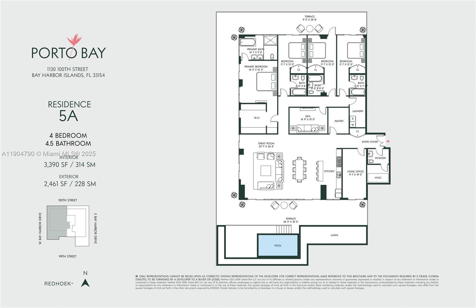 This floor plan shows a four-bedroom, 4.5-bathroom residence with a large terrace and private pool — 1130 100th St # 5A, Bay Harbor Islands FL 33154, BAY HARBOR ISLANDS, FL