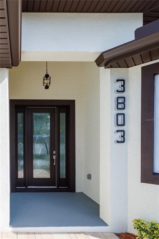 A front entryway features a dark-framed glass door, a hanging lantern, and vertical house numbers — 3803 W PALMETTO STREET, TAMPA, FL
