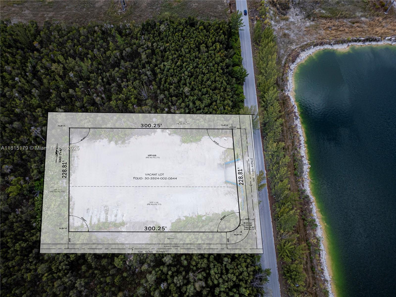 This is an aerial map showing a vacant lot with property dimensions and boundary lines — NW 122 Ave, NW 50 ST, Doral FL 33178, DORAL, FL