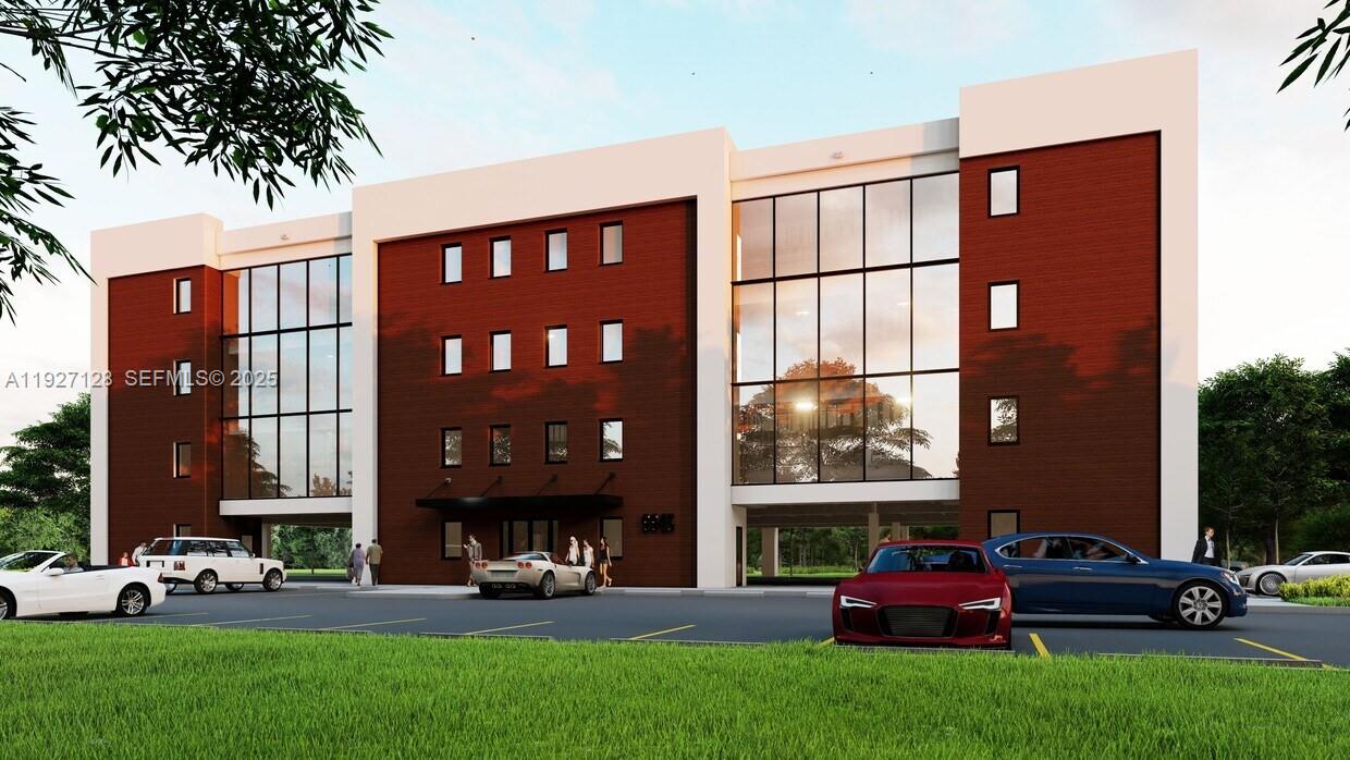 This is a digital rendering of a modern three-story commercial building with a brick facade — 9945 SW 72nd St, Miami FL 33173, MIAMI, FL