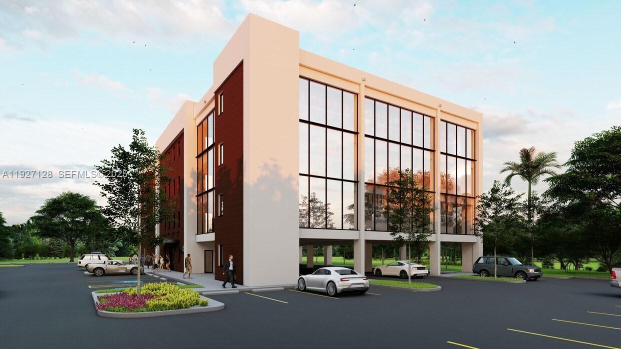 This is a digital rendering of a modern three-story commercial building with a parking lot — 9945 SW 72nd St, Miami FL 33173, MIAMI, FL
