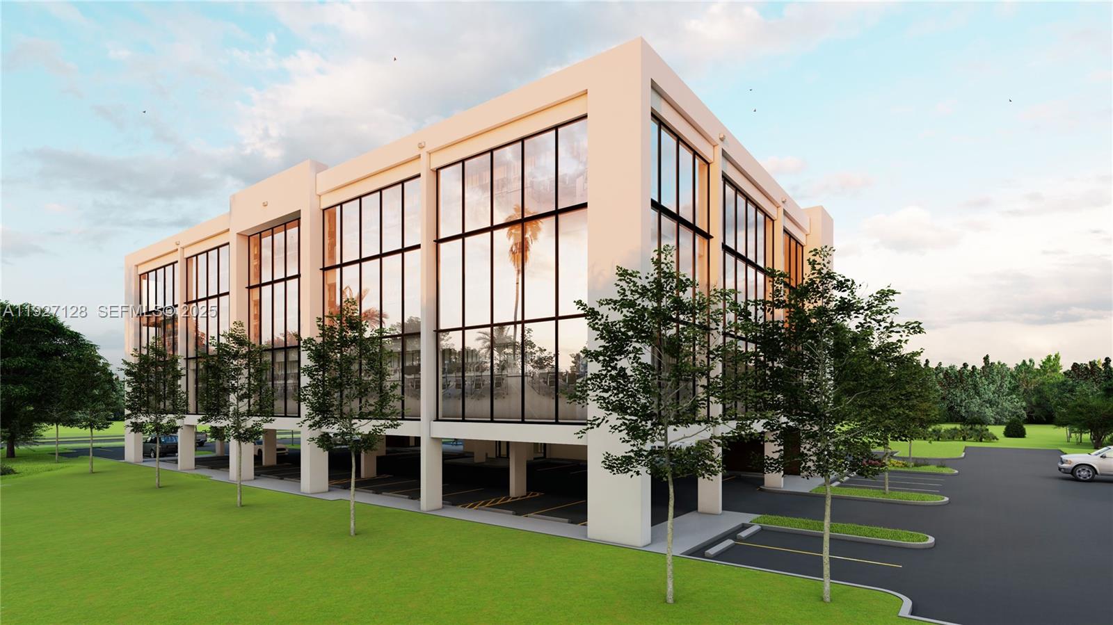 This is a digital rendering of a modern two-story office building with ground-level parking — 9945 SW 72nd St, Miami FL 33173, MIAMI, FL