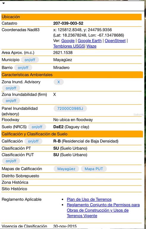 This image is a digital property information sheet displaying land classification and environmental data — CALLE A, MAYAGUEZ, PR