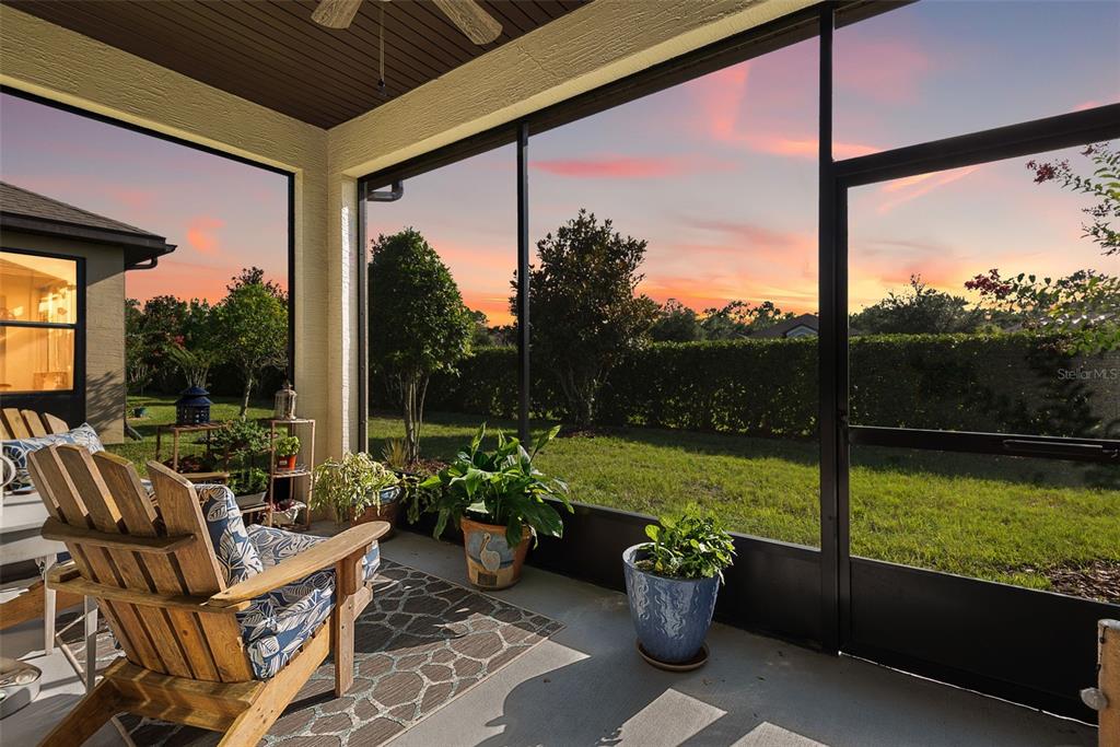A screened-in patio features a wooden chair, potted plants, and a view of the backyard — 3266 BAILEY ANN DRIVE, ORMOND BEACH, FL