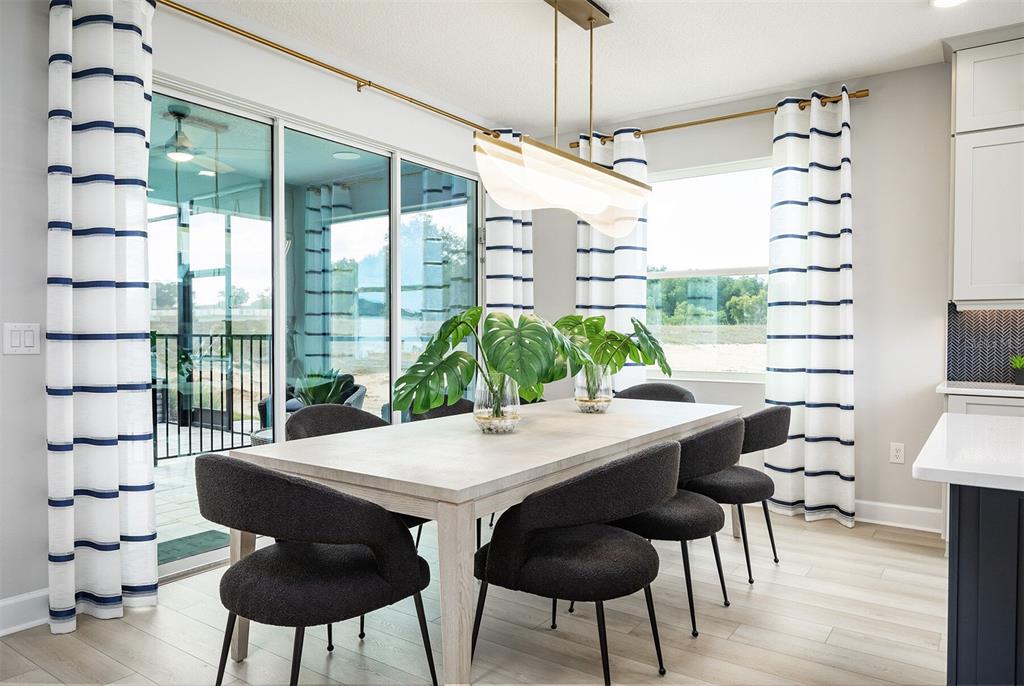 A dining room features a light wood table, dark chairs, and striped curtains by sliding doors — 842 CREEPING FIG STREET, APOPKA, FL