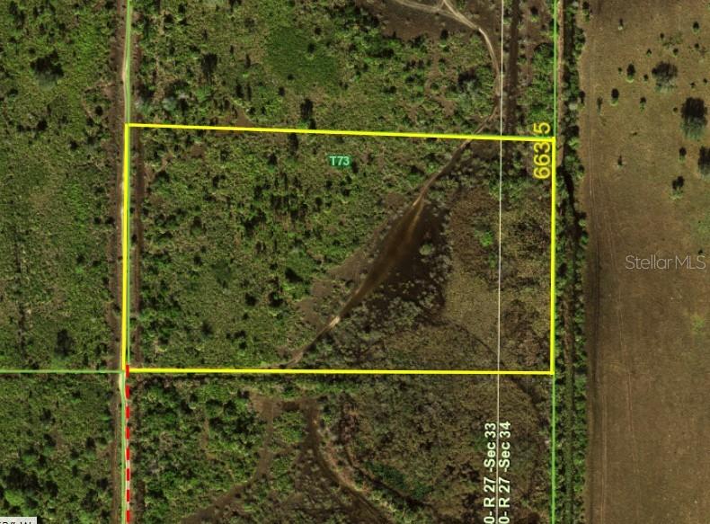 An aerial map shows a rectangular plot of land outlined in yellow with vegetation — 50982 BERMONT ROAD, PUNTA GORDA, FL