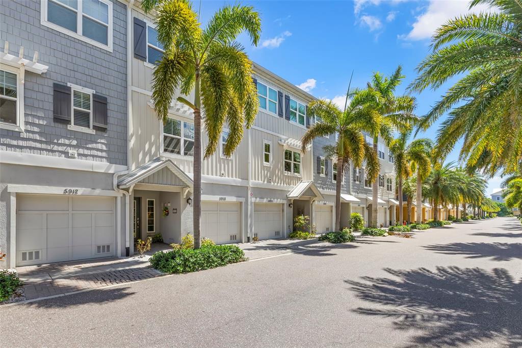 A row of multi-story townhouses with attached garages and palm trees along a paved street — 5918 ANCHORAGE WAY S, ST PETERSBURG, FL