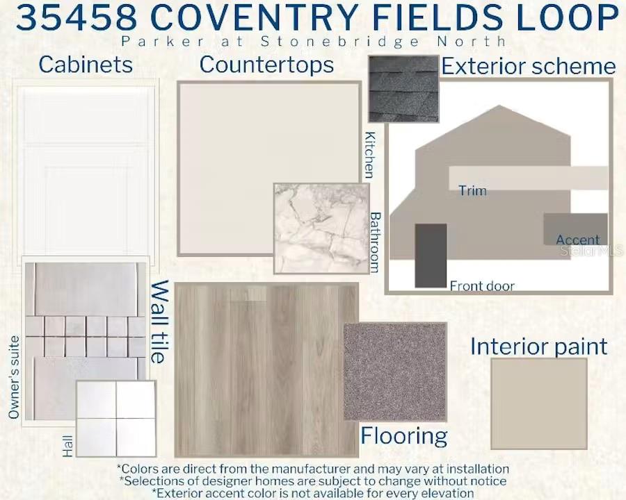 This design board displays interior and exterior finish selections including cabinetry, countertops, flooring, and paint — 35458 COVENTRY FIELDS LOOP, ZEPHYRHILLS, FL