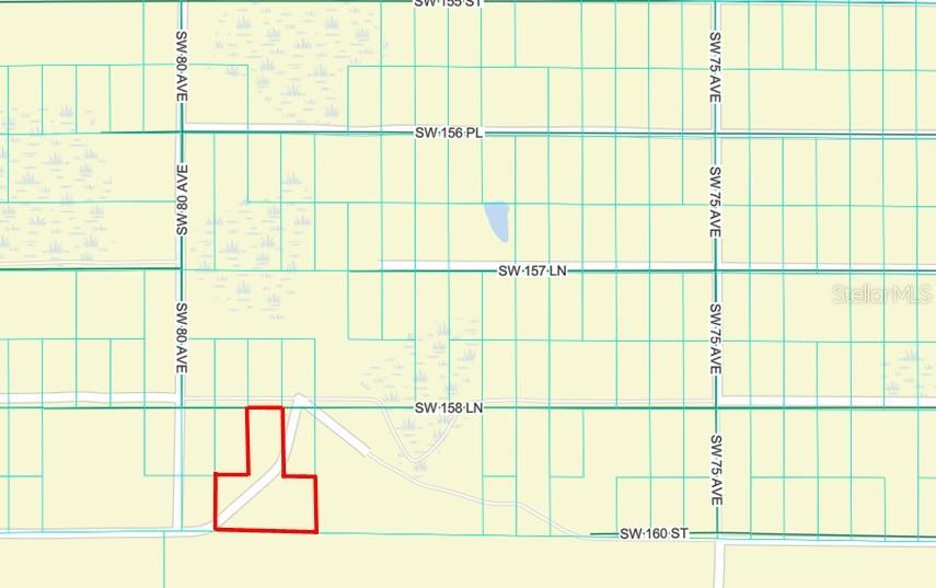 This is a map showing a property parcel outlined in red near SW 160th Street — SW 158TH LANE, DUNNELLON, FL