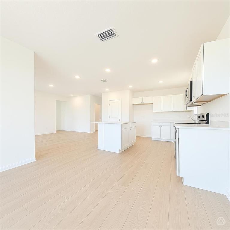A bright, open-concept kitchen and living area features white cabinetry, an island, and light flooring — 13218 SASSAFRAS TRIAL, PARRISH, FL