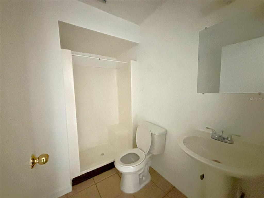 A bathroom features a white pedestal sink, a toilet, and a walk-in shower stall — 503 N LANIER AVENUE, FORT MEADE, FL