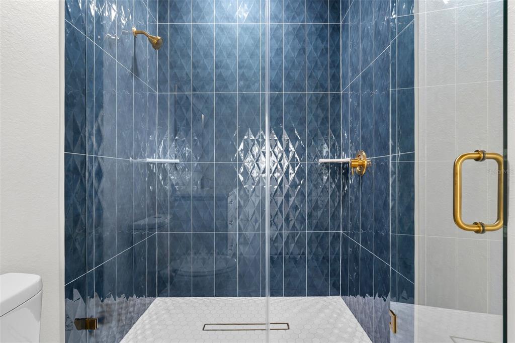 A walk-in shower features blue geometric-patterned wall tiles, gold fixtures, and a white hexagonal floor — 2912 N 21ST STREET, TAMPA, FL