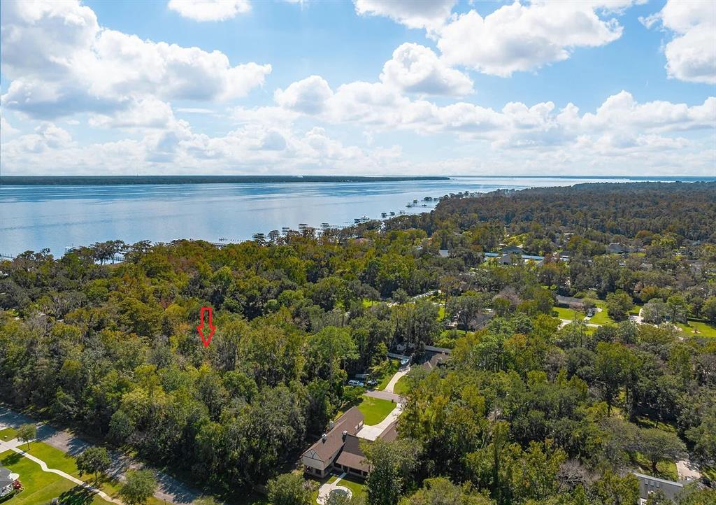 An aerial view shows a wooded lot marked by a red arrow near a lake — RIVERWOOD DRIVE, FLEMING ISLAND, FL