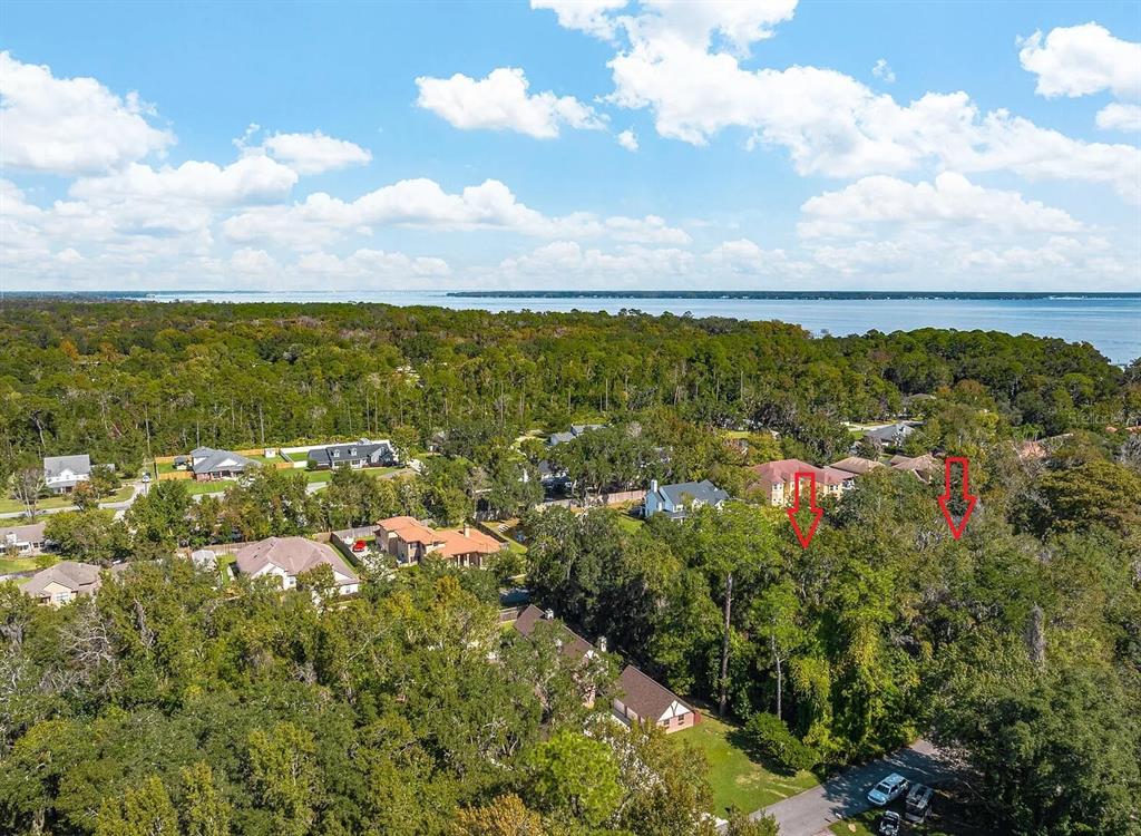 An aerial view shows a wooded residential area with two red arrows pointing toward lots — RIVERWOOD DRIVE, FLEMING ISLAND, FL