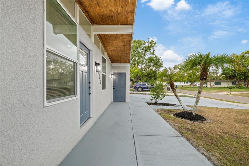A gray exterior wall with two blue doors and a wood-paneled porch ceiling — 1130 DOGWOOD AVENUE, TAMPA, FL
