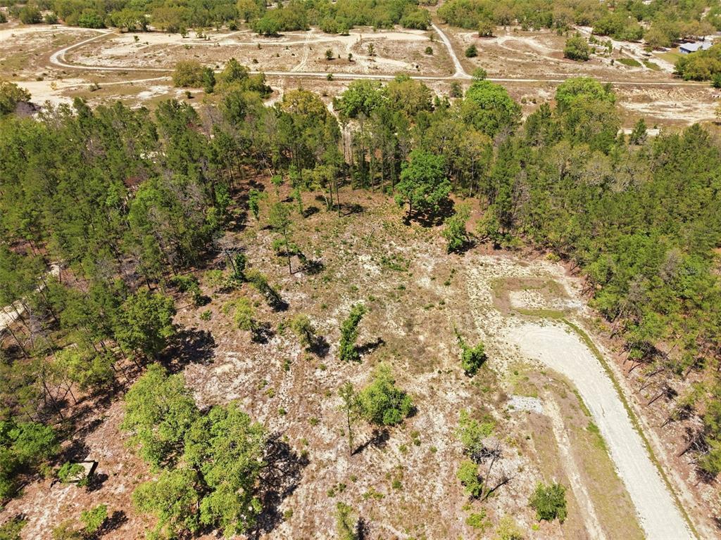 An aerial view shows a partially cleared, wooded lot with a gravel driveway and road — 13331 HAVEN (LOT 4) TRAIL, WEEKI WACHEE, FL