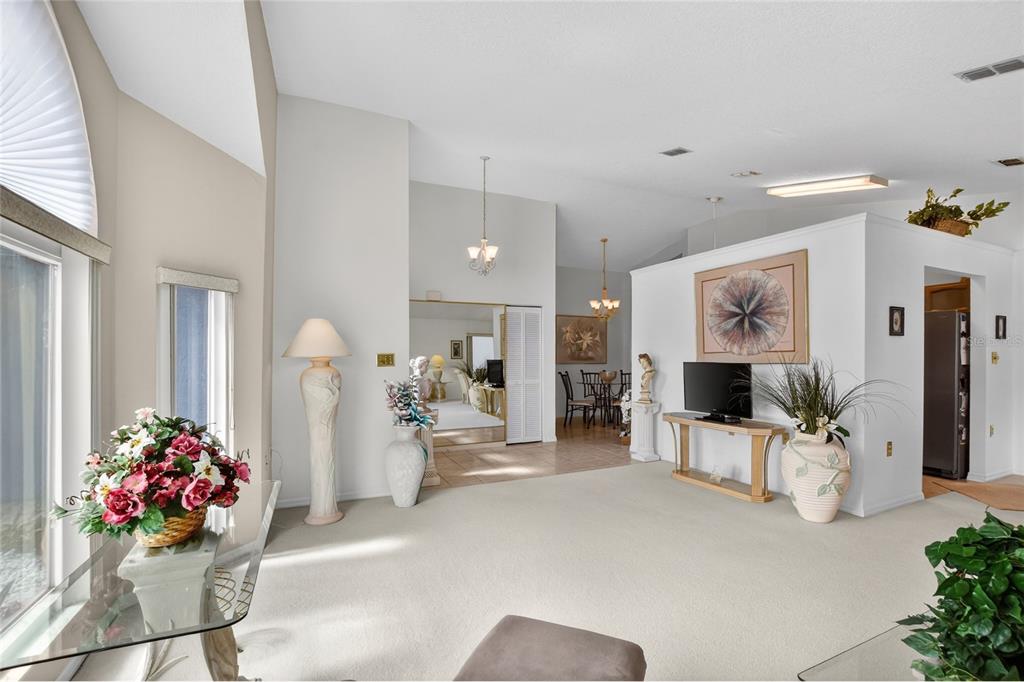 A bright living room features carpeted floors, vaulted ceilings, and a view into the dining area — 6068 SWALLOW DRIVE, LAKELAND, FL