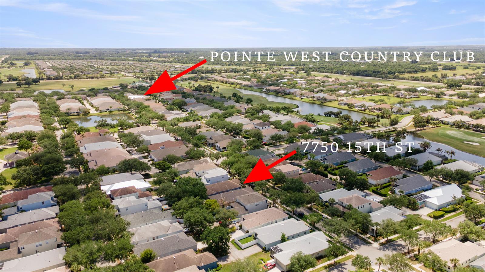 An aerial view shows a residential neighborhood with houses, trees, and a golf course — 7750 15th Street, Vero Beach FL 32966, VERO BEACH, FL