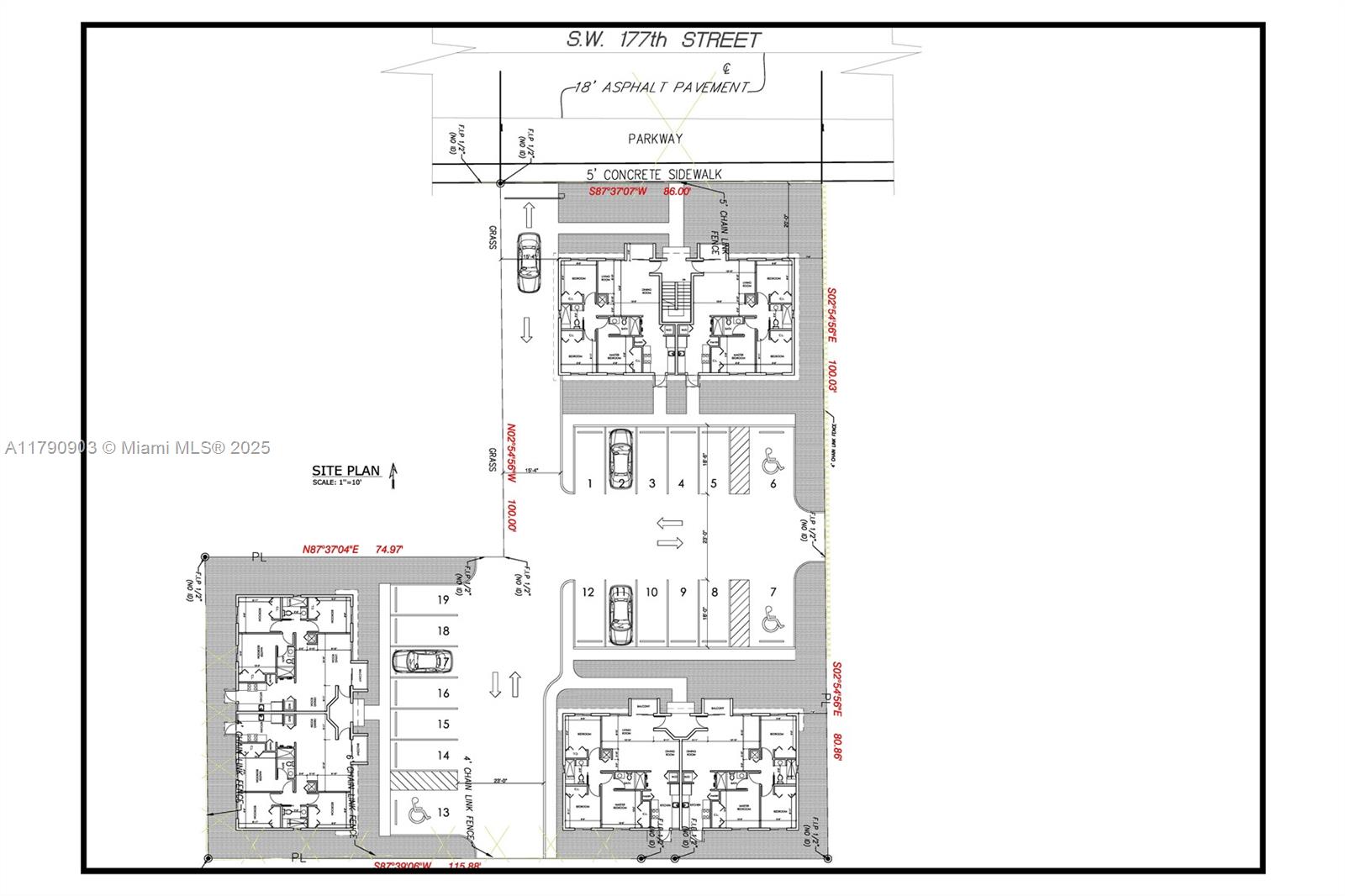 This is a site plan showing a multi-unit residential property with parking and landscaping — 10250 SW 177th St, Miami FL 33157, MIAMI, FL