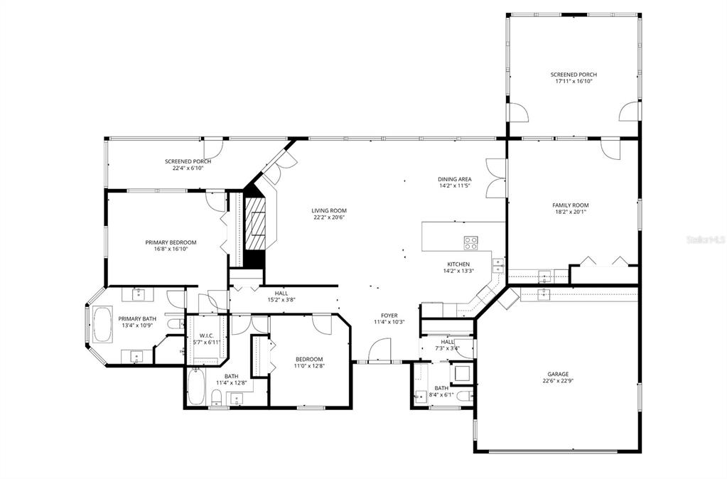 This is a floor plan of a single-story home featuring a garage and screened porches — 6219 HUNTINGTON DRIVE, ZEPHYRHILLS, FL