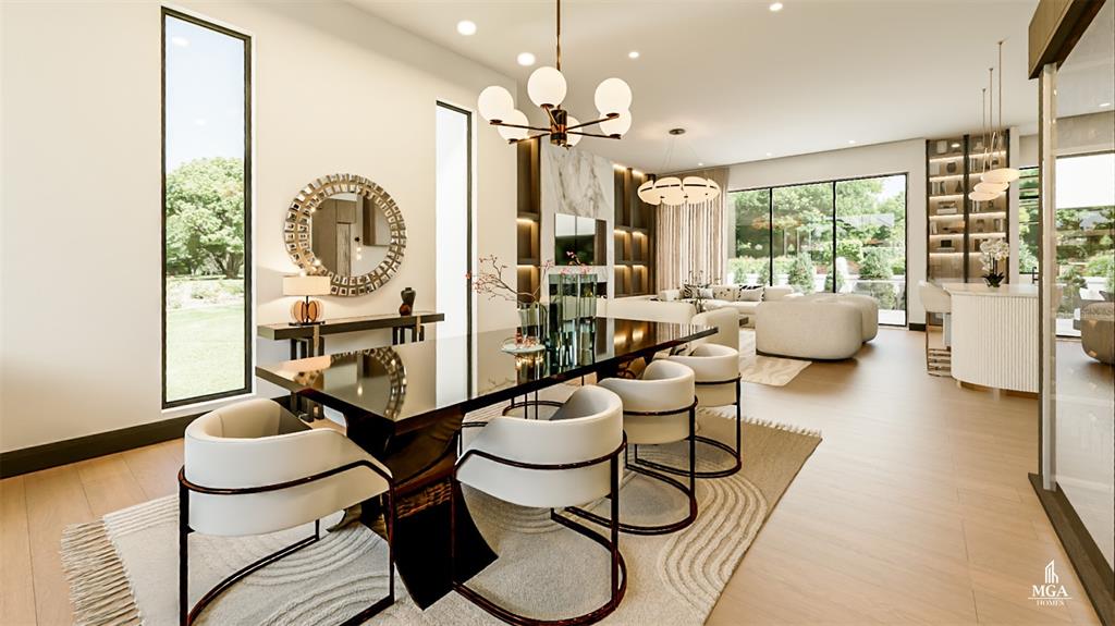 This rendering shows a modern dining area with a glass table, white chairs, and chandelier — 4103 W KNIGHTS AVENUE, TAMPA, FL