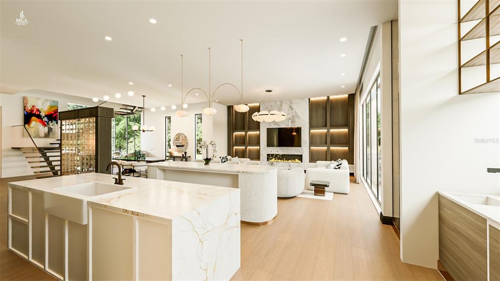This rendering shows a modern open-concept living area with a marble kitchen island and fireplace — 4103 W KNIGHTS AVENUE, TAMPA, FL