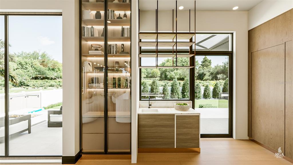 This rendering shows a modern kitchen area with a glass-front display cabinet and hanging shelves — 4103 W KNIGHTS AVENUE, TAMPA, FL