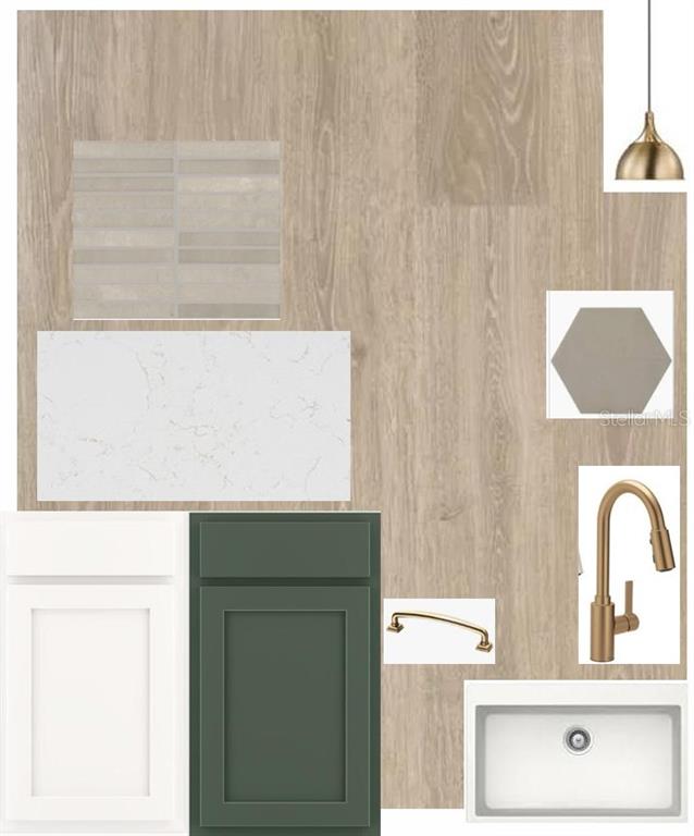 This design board displays material samples including wood flooring, cabinetry, quartz, tile, and gold hardware — 3712 JONS LAKEVIEW STREET, PLANT CITY, FL