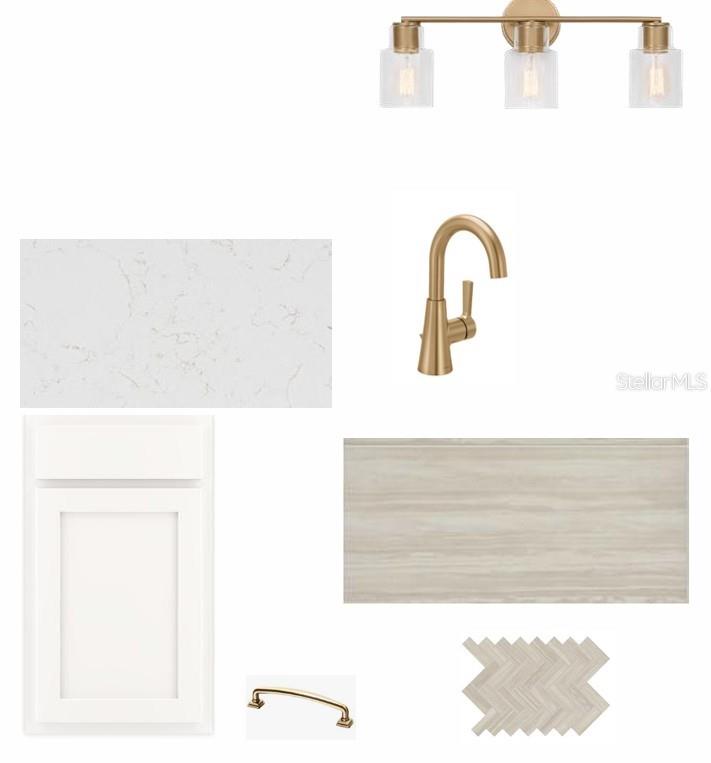This design board displays a bathroom vanity with white cabinets, gold hardware, and marble countertops — 3712 JONS LAKEVIEW STREET, PLANT CITY, FL