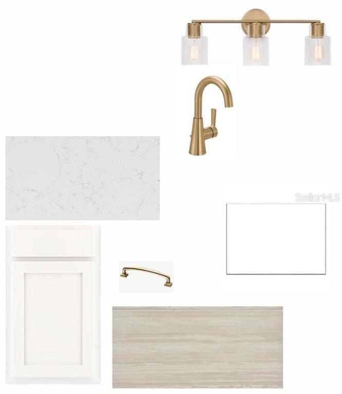 This interior design mood board displays samples of white cabinetry, marble-look countertops, gold hardware, and lighting — 3712 JONS LAKEVIEW STREET, PLANT CITY, FL