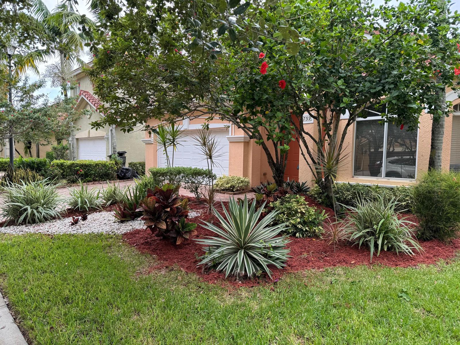 A suburban house exterior features a landscaped front yard with red mulch and tropical plants — 759 Gazetta Way, West Palm Beach FL 33413, WEST PALM BEACH, FL