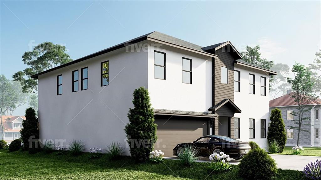 This is a rendering of a two-story modern house with a two-car garage and driveway — 2801 E 19TH AVENUE, TAMPA, FL