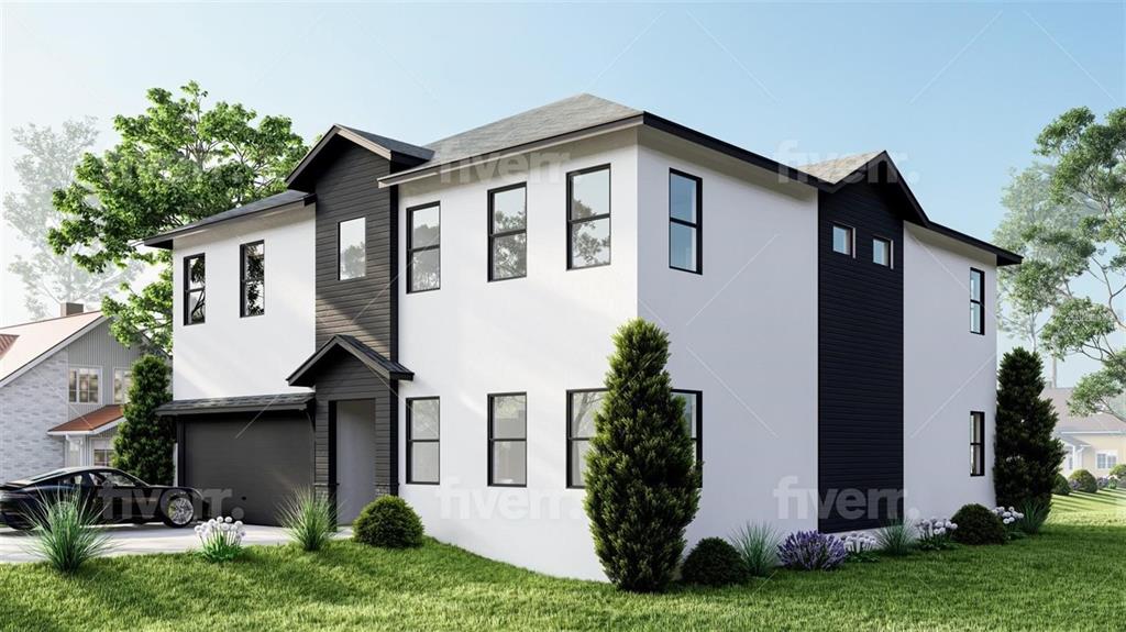 A digital rendering of a two-story modern house with white stucco and black siding — 2801 E 19TH AVENUE, TAMPA, FL