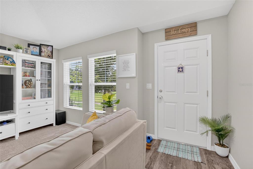A living room features a white cabinet, a beige sofa, and a front entry door — 13043 PENNYBROOK DRIVE, RIVERVIEW, FL