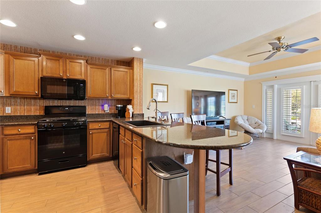A kitchen features wood cabinets, granite countertops, a kitchen island, and tile flooring — 1593 HERITAGE CROSSING COURT UNIT G, REUNION, FL
