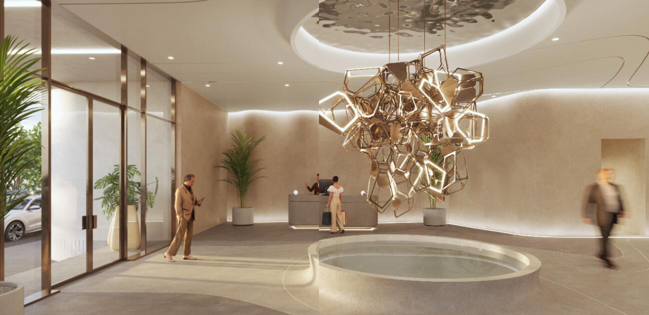 This architectural rendering shows a modern lobby featuring a sculptural chandelier and a circular fountain — 521 E Las Olas Boulevard # 1203, Fort Lauderdale FL 33301, FORT LAUDERDALE, FL