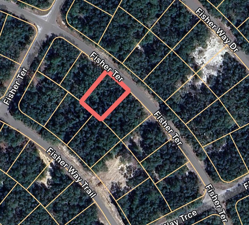 This is an aerial map showing a vacant, wooded residential lot outlined in red — FISHER TERRACE UNIT 8, OCKLAWAHA, FL