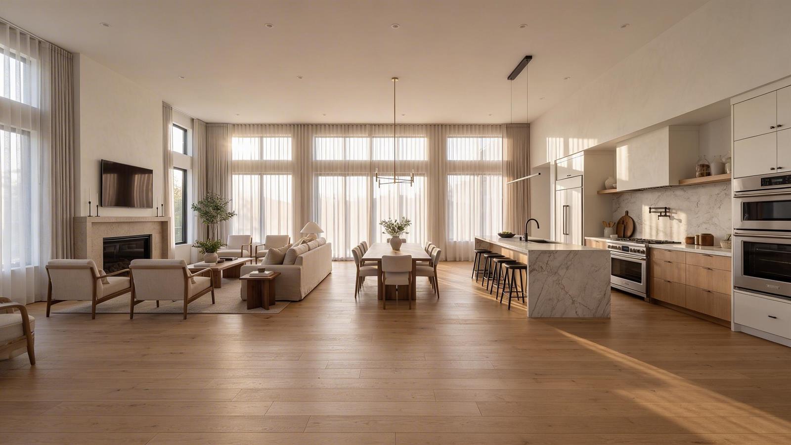 This open-concept living, dining, and kitchen area features light wood floors and floor-to-ceiling windows — 115 W Village Way, Jupiter FL 33458, JUPITER, FL