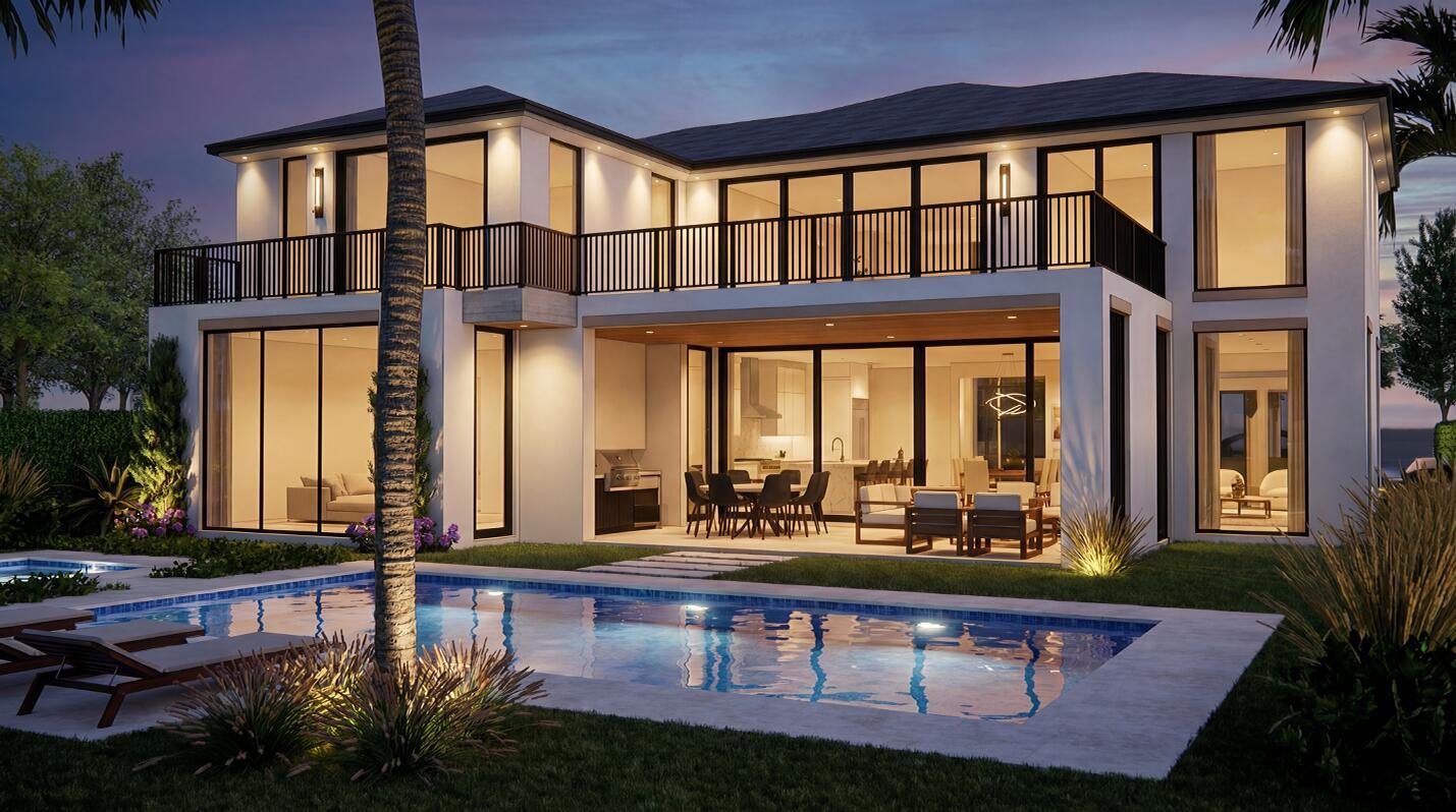 This architectural rendering shows the exterior of a modern two-story house with a swimming pool — 115 W Village Way, Jupiter FL 33458, JUPITER, FL
