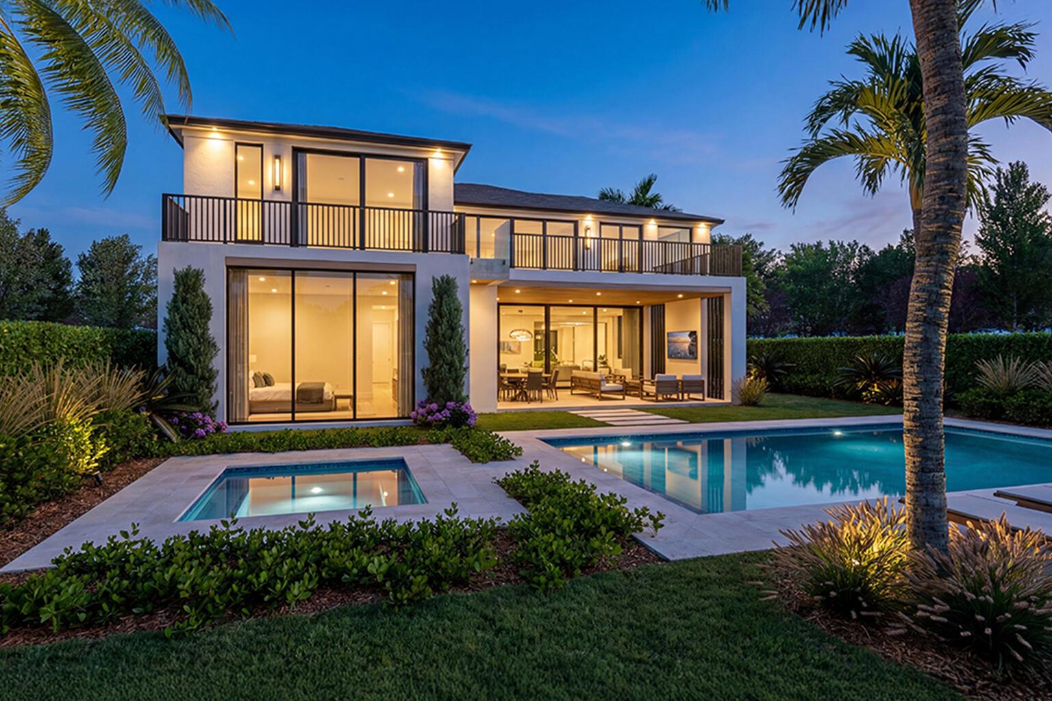 A two-story modern house with a pool, spa, and balcony at dusk — 115 W Village Way, Jupiter FL 33458, JUPITER, FL