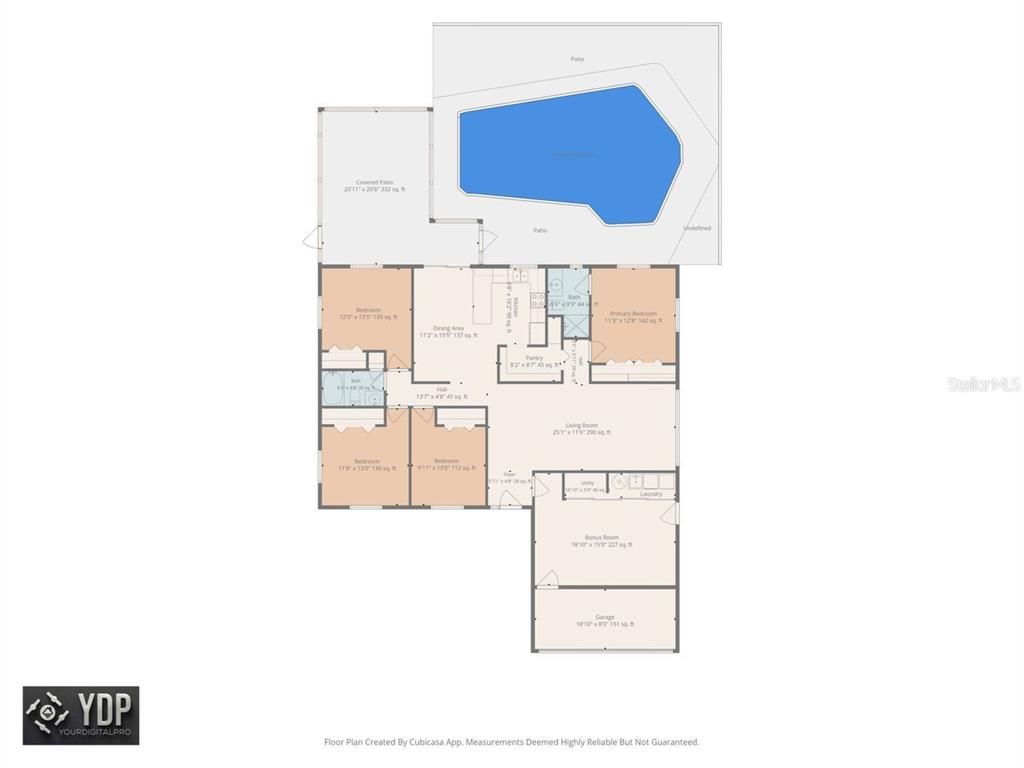 This is a floor plan of a single-story house featuring a pool and covered patio — 1614 DALE CIRCLE N, DUNEDIN, FL